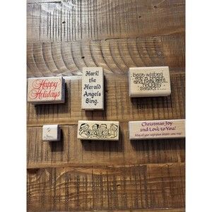 Lot of 6 Wood Mount Stamps Christmas Wishes New Year Holidays Noel Hark Angel